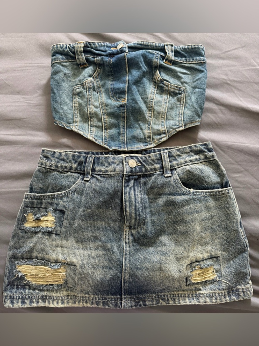 Forever 21 Two-Piece Distressed Denim Corset Top & Mini Skirt Set - Light Blue